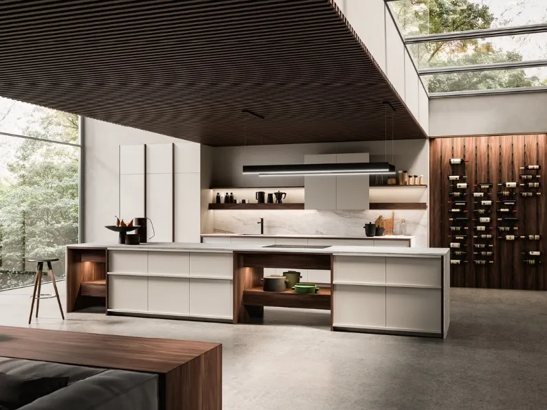 Cucina Design in laccato ecru e noce con isola KTable di Maistri