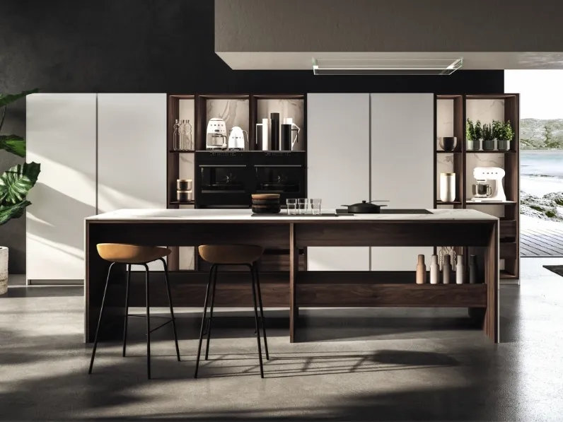 Cucina Design con isola KTable in laccato bianco e melaminico di Maistri
