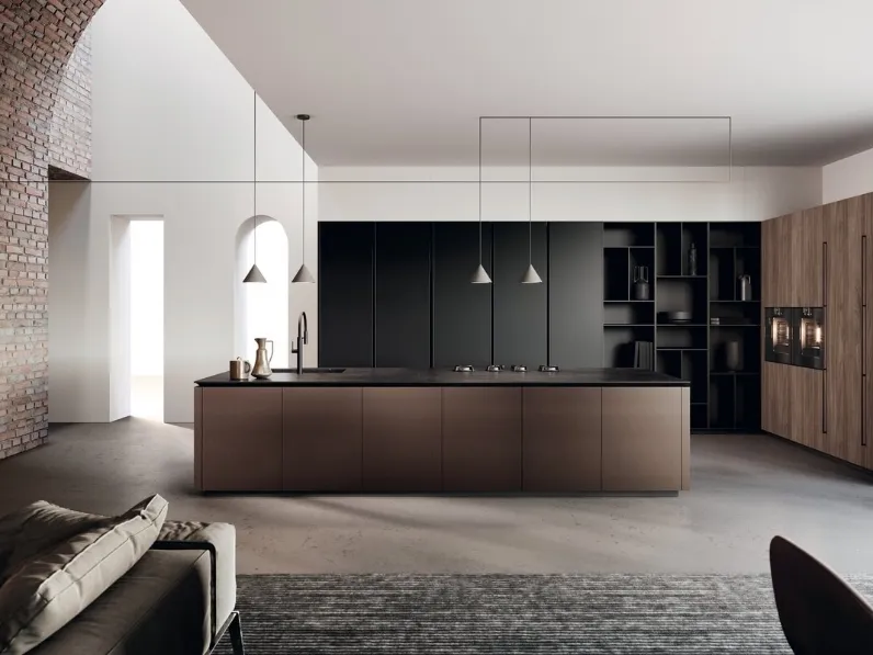 Cucina Design in laccato Nero e laccato alluminio brunito, vetro e bilaminato noce con isola Lab di Binova