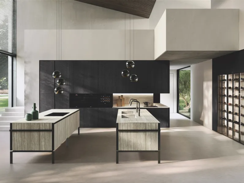 Cucina Design in bilaminato Rovere Black con doppia isola Lab Gres di Binova