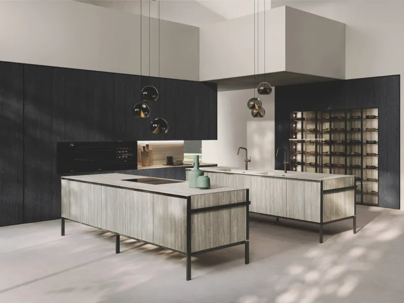 Cucina Design in bilaminato Rovere Black con doppia isola Lab Grès di Binova