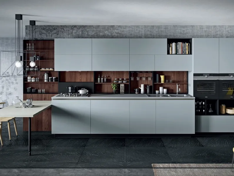 Cucina Design con penisola Lab13 in laminato HPL Grigio con profilo in alluminio Nero di Aran