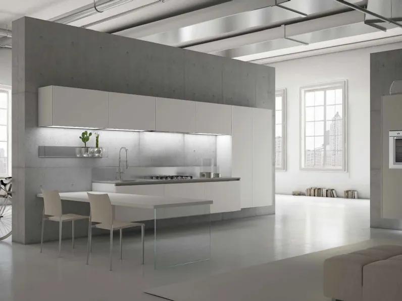 Cucina Design lineare sospesa Levanto Urban White in polimerico opaco Bianco di Scic