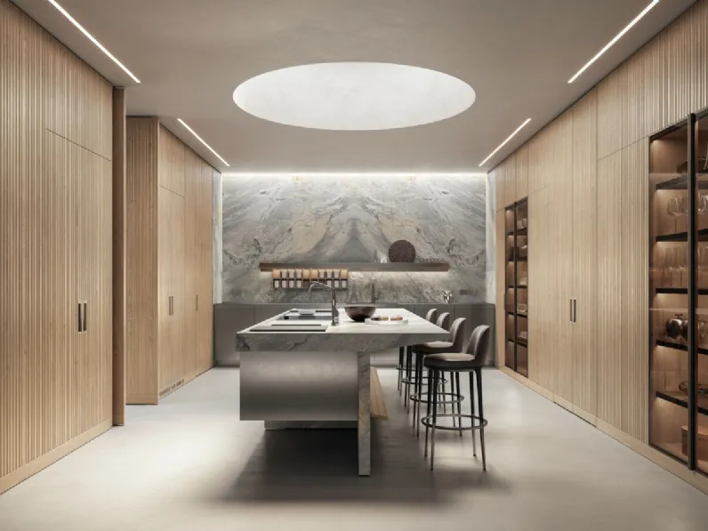 Cucina Design con isola Lignum et Lapis in legno, acciaio e marmo di Arclinea