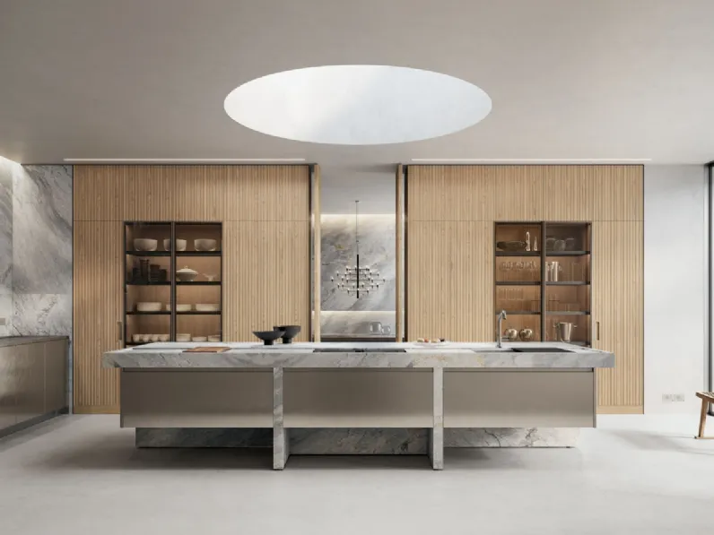 Cucina Design con isola Lignum et Lapis in acciaio, legno e marmo di Arclinea