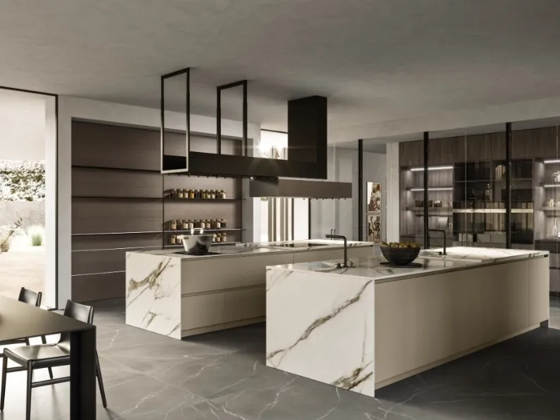 Cucina Design con doppia isola Link 02 in laccato e gres di Snaidero