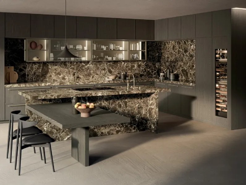 Cucina Design Margo Project 3 in Rovere sabbiato Piombo e marmo Emperador lucido di Euromobil