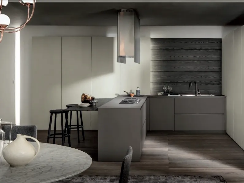 Cucina Design con penisola MH6 in melaminico Cendre con penisola a sbalzo di Modulnova
