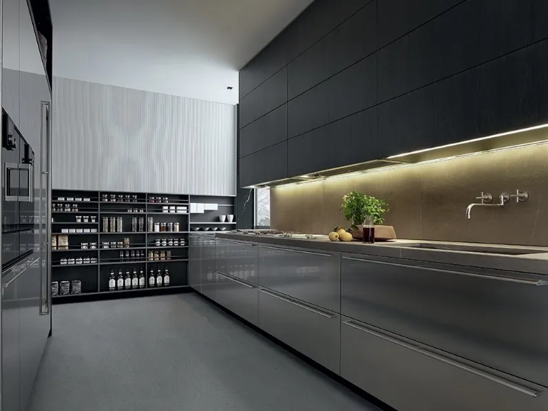 Cucina Design in linea My Planet 01 in acciaio con top in pietra e pensili in olmo nero di Poliform