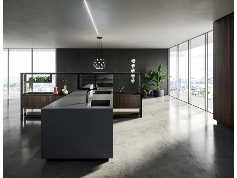 Cucina Design con isola Nautilia 05 in Fenix NTM grigio bromo e Rovere fumè di Arrital