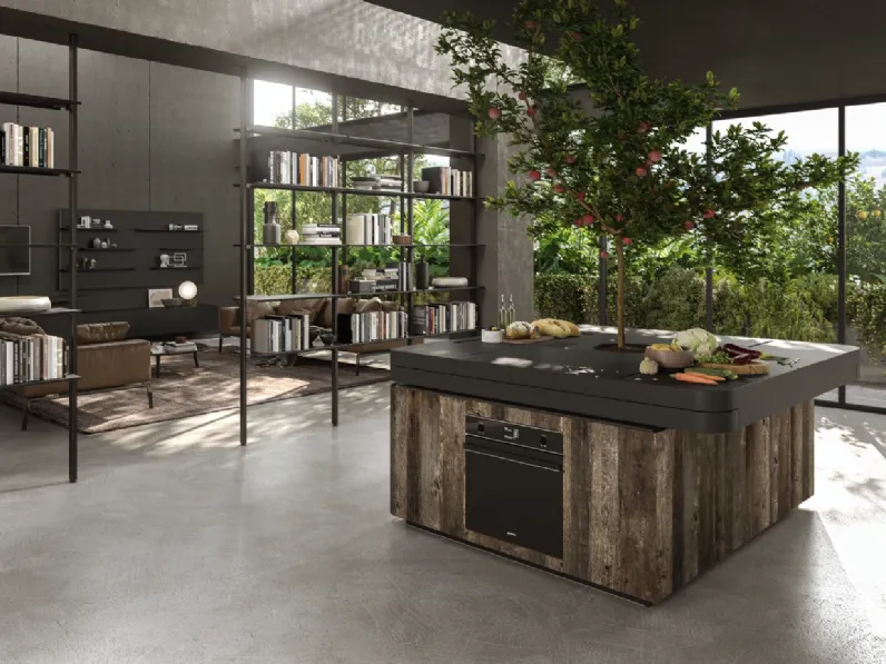 Cucina Design a isola di forma quadrata con albero centrale Oasi in Rovere ossidato di Aran