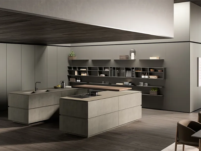Cucina Design con doppia isola Obliqua 02 in biomalta Grigio Siliceo di Ernestomeda