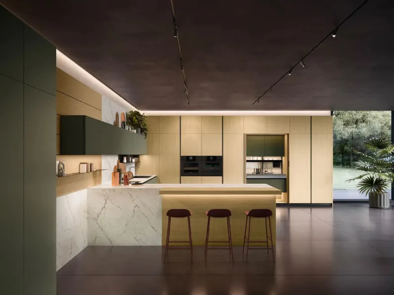 Cucina Design con penisola Omicron Portrait 25 in laccato e laminato Rovere di Armony