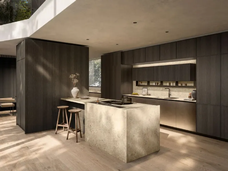 Cucina Design con penisola Omicron + Quadro + Riga in laccato e Rovere Portrait 23 di Armony