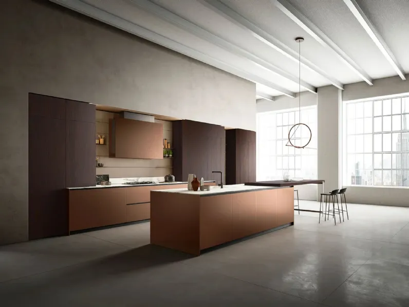 Cucina Design con isola Omicron + Yota Portrait 31 in laccato Rame e Rovere di Armony