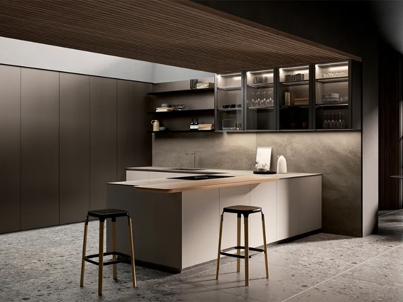 Cucina Design con penisola One 03 in laccato Zero Gloss Limo di Ernestomeda