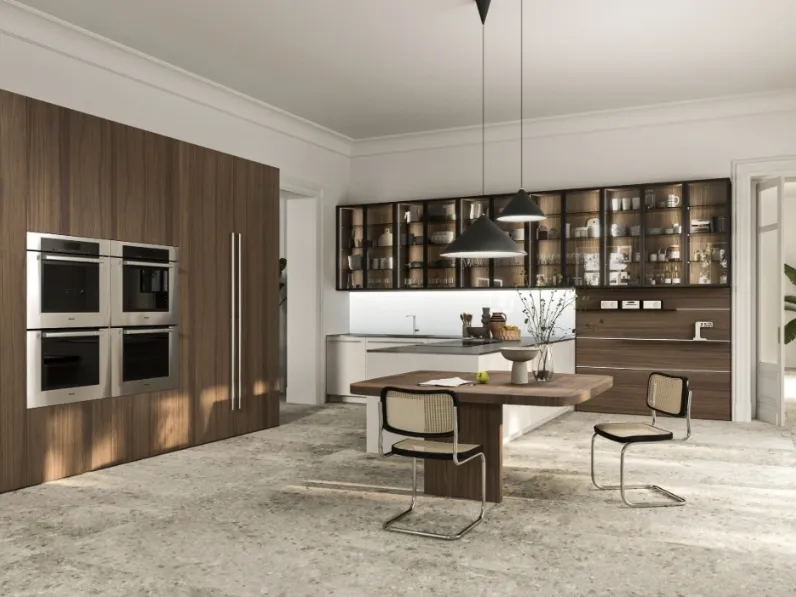 Cucina Design con penisola Opera 01 in legno e laccato di Snaidero