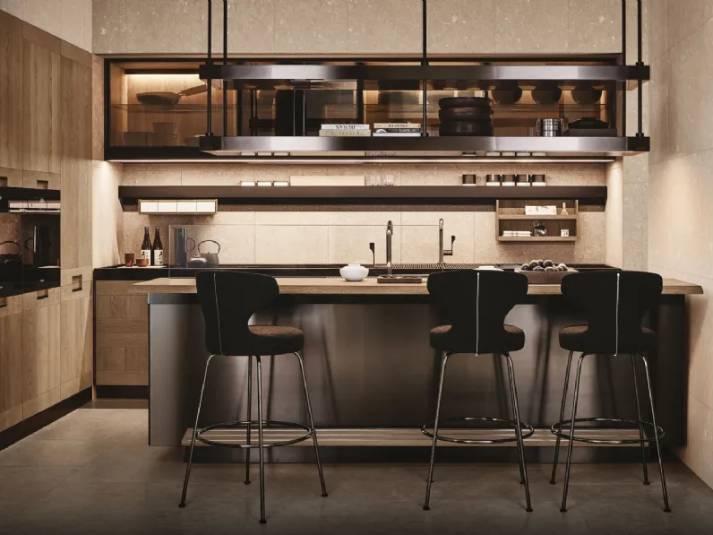 Cucina Design in legno e acciaio con penisola Principia e Convivium di Arclinea