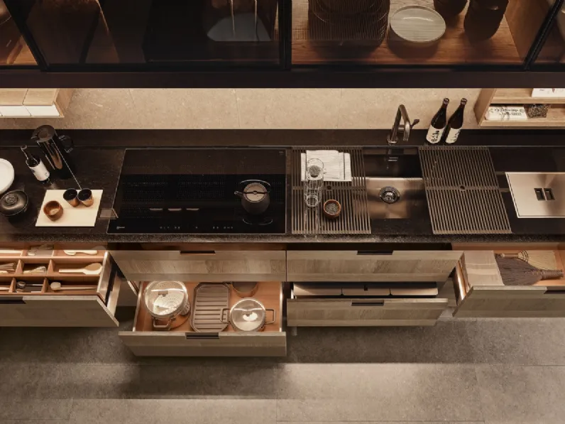 Cucina Design in legno e acciaio con penisola Principia e Convivium di Arclinea