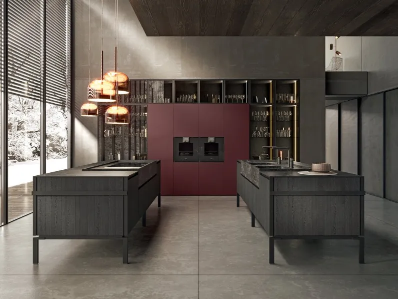 Cucina Design con doppia isola in legno finitura Rovere Vesuvio, top in gres e piedi in metallo Regula di Binova