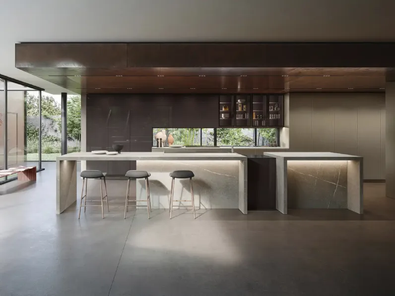 Cucina Design con isola Rho Portrait 34 in laminato e laccato lucido di Armony