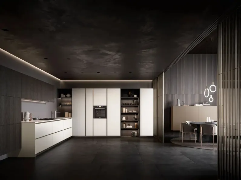 Cucina Design angolare Riga + Yota Portrait 32 in laccato e Rovere di Armony