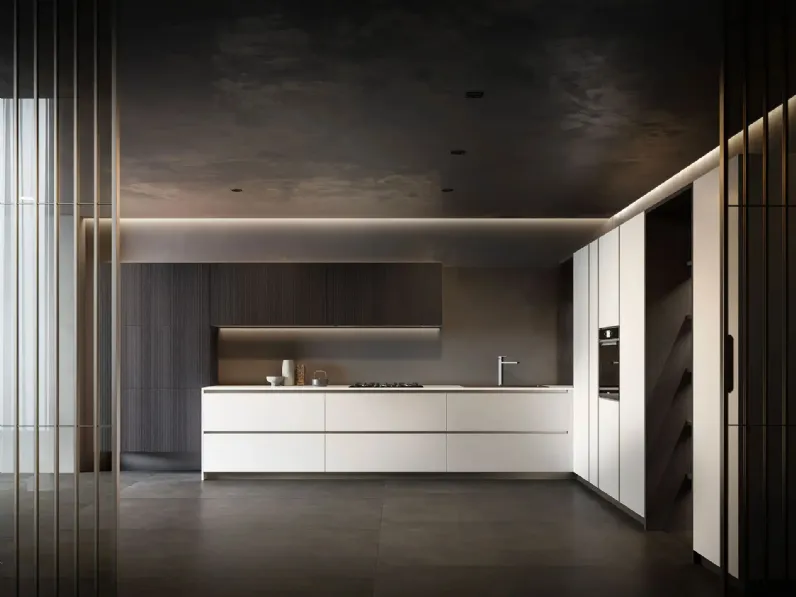 Cucina Design angolare Riga + Yota Portrait 32 in laccato e Rovere di Armony