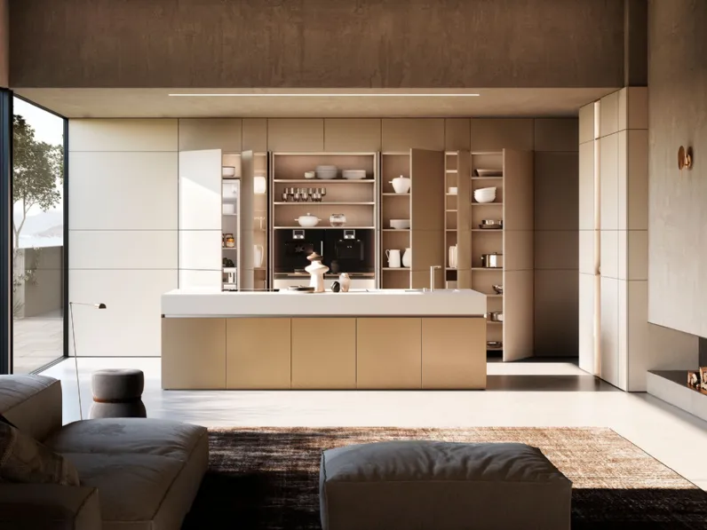 Cucina Design con isola Sistema 2-2_2 in laminato cemento e laccato di Nova Cucina