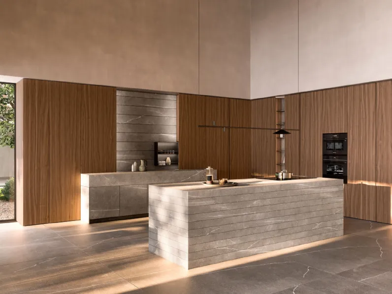 Cucina Design con isola Sistema 2-2 Fly_11 in gres pietra piasentina e impiallacciato noce di Nova Cucina