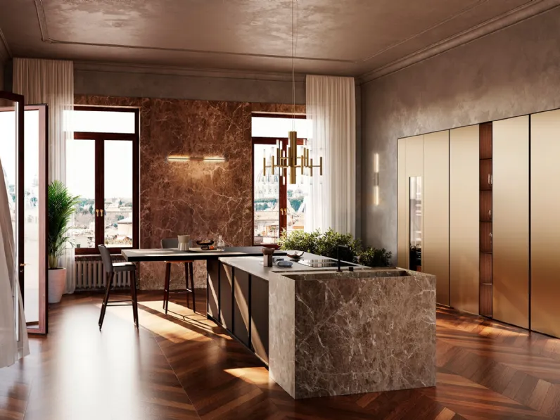 Cucina Design con isola Sistema Planet_6 in laccato satinato oro e rovere brown di Nova Cucina