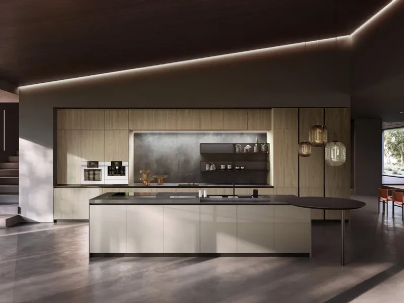 Cucina Design con isola Skyline 18 01 in vetro e melaminico effetto legno di Armony