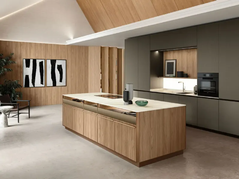 Cucina Design con isola System + Yota Portrait 01 in laccato e laminato di Armony
