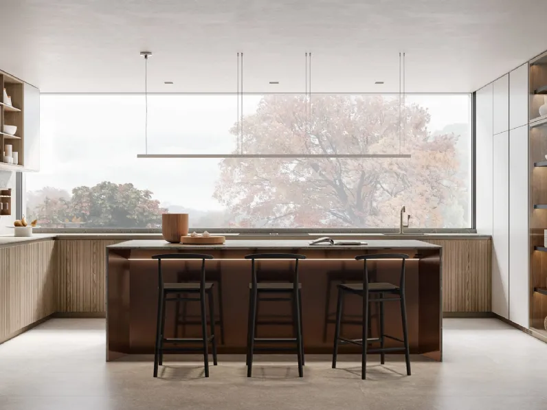 Cucina Design angolare in legno a listelli con isola Thea di Arclinea