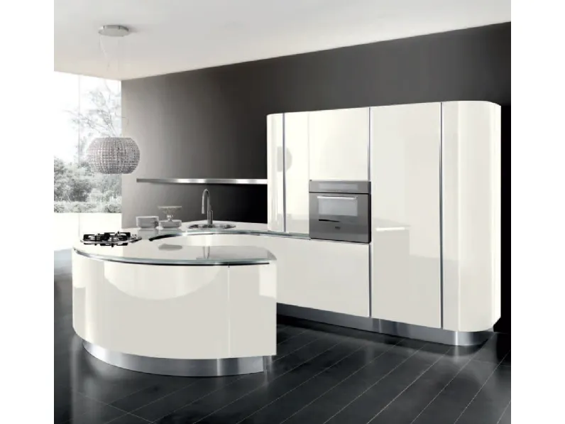 Cucina Design con penisola a semicerchio Volare in laccato lucido Bianco puro e top in vetro Bianco di Aran
