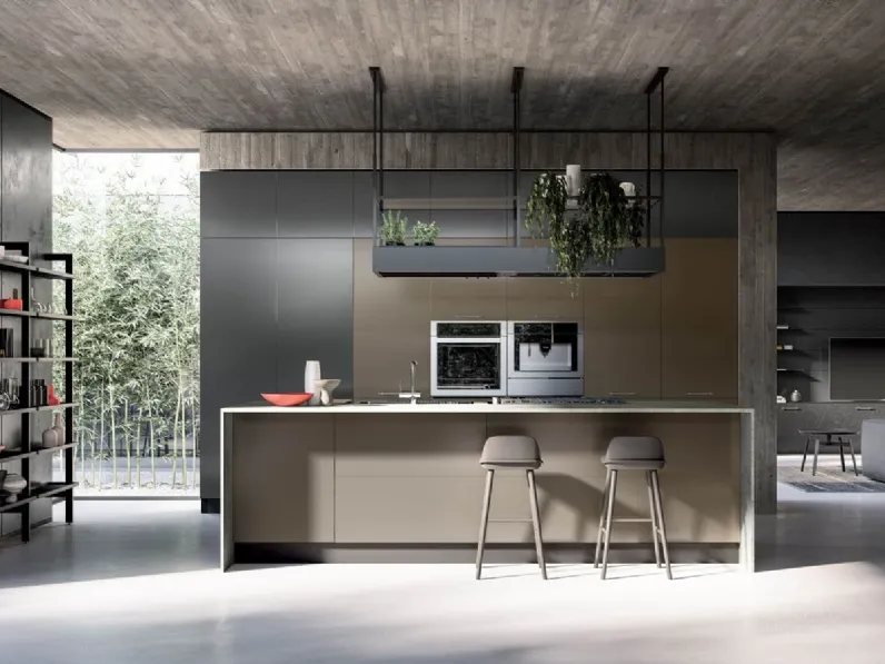 Cucina Design con isola Yota composizione 04 finitura Peltro e Ardesia di Armony