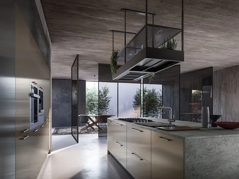 Cucina Design con isola Yota composizione 04 finitura Peltro e Ardesia di Armony