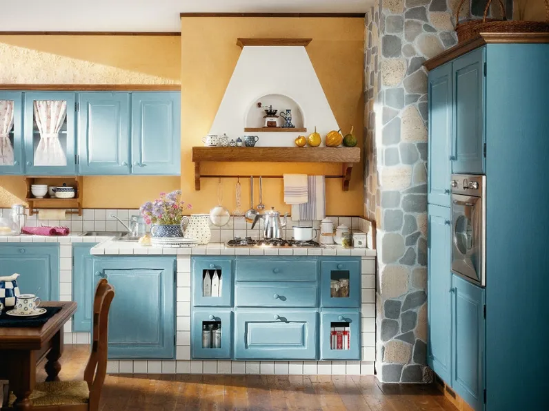 Cucina ad angolo in Muratura Il Casale in legno laccato Azzurro di GR Mobili