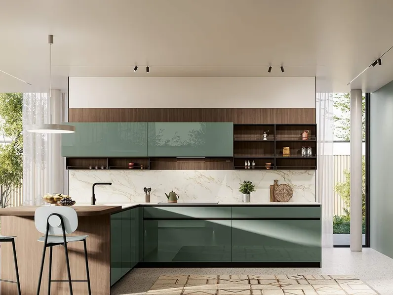 Cucina Moderna con penisola Altea Composizione 01 in vetro verde aloe di Prima Cucine