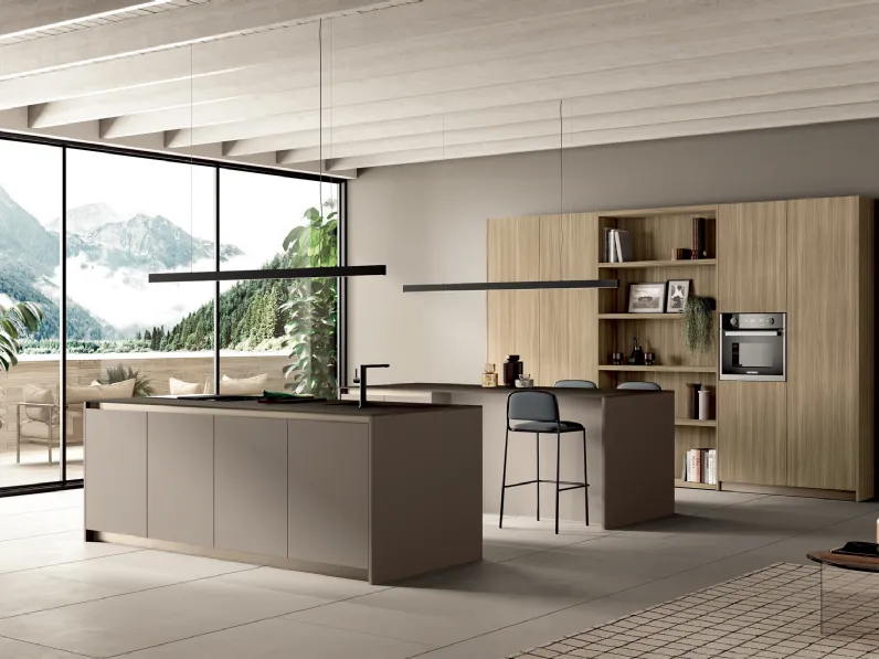 Cucina Moderna con doppia isola Angolo 37 06 in nobilitato Basalto e Rovere di Colombini Casa Artec