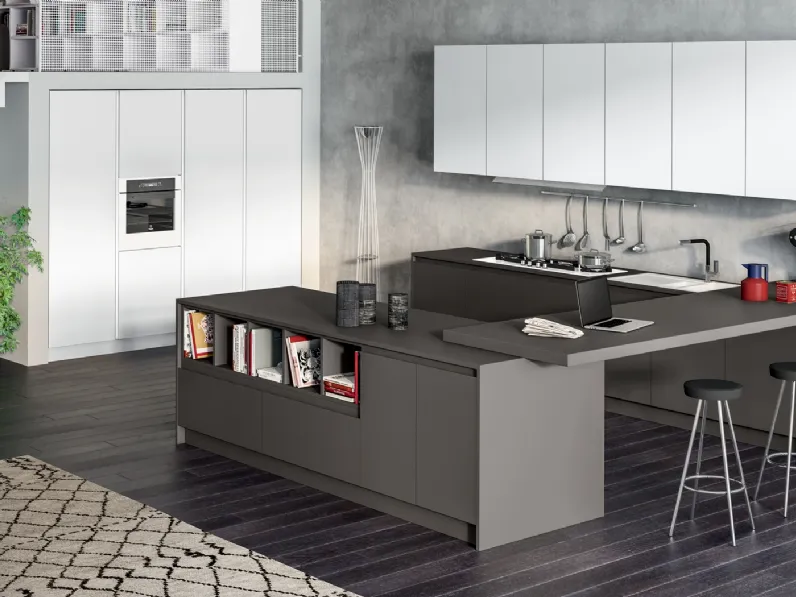 Cucina Moderna con penisola Avantgarde in laminato fenix Grigio Londra e Bianco di Atra Cucine