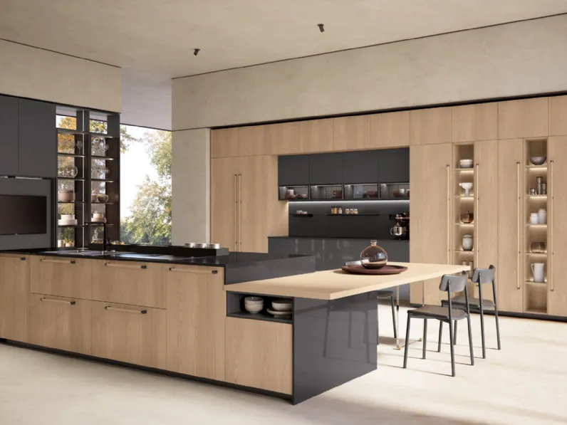 Cucina Moderna con isola Brera 05 in Rovere e laccato lucido di Lube