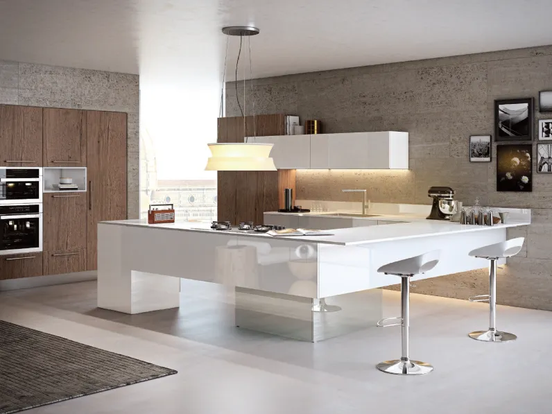 Cucina Moderna con penisola Brezza composizione 09 in polimerico e vetro di Di Iorio