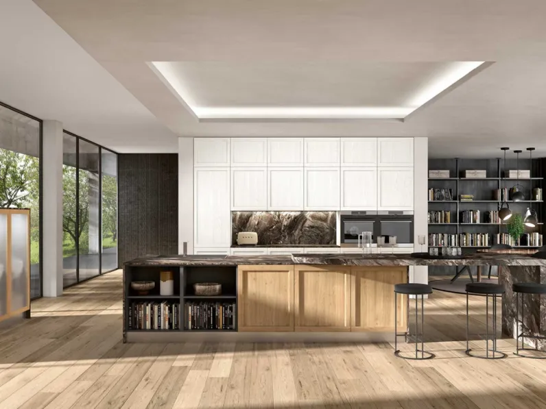 Cucina Moderna con isola Class 05 in legno finitura Rovere nodato e laccato Bianco calce di GM Cucine