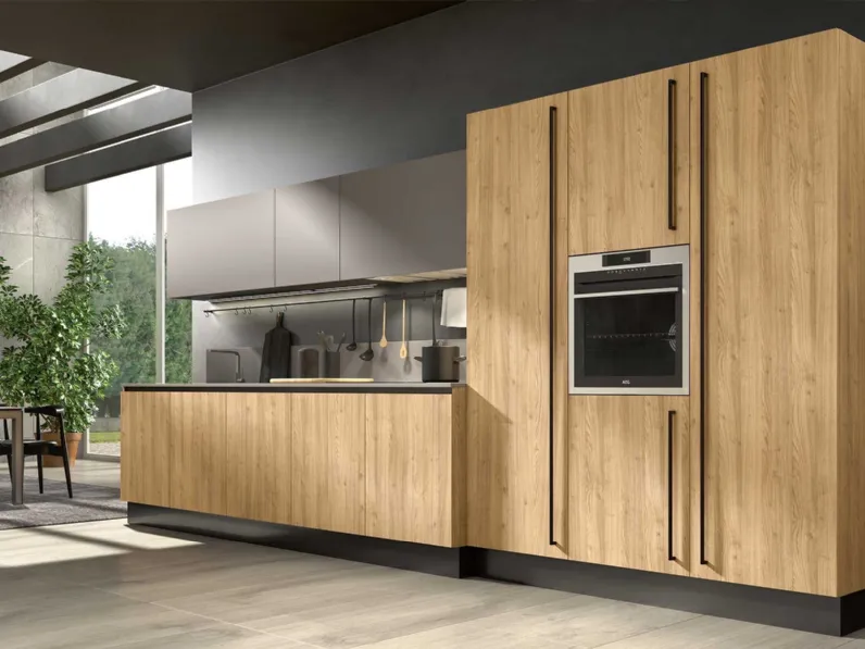 Cucina Moderna lineare Class 06 in legno finitura Rovere nodato di GM Cucine