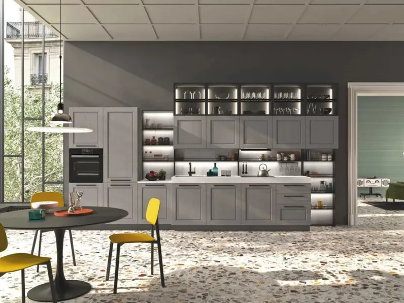 Cucina Moderna lineare in legno laccato platino e top in HPL Cloe 02 di Ar-Tre