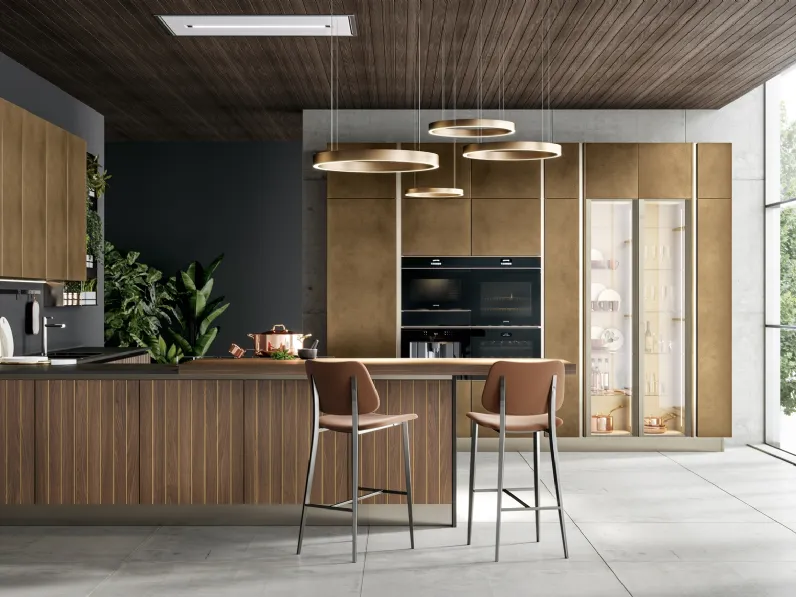 Cucina Moderna in noce e metallo liquido ossidato ottone con penisola Clover Design 04 di Lube