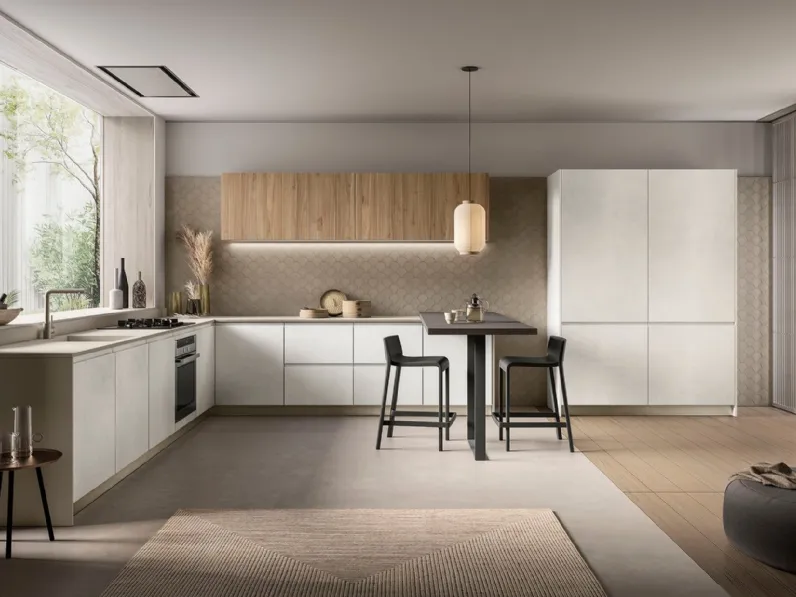 Cucina Moderna angolare con penisola Pura in nobilitato finitura Cemento Artico e Noce Gold di Colombini Casa Artec