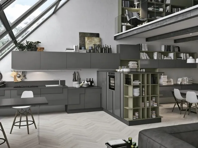 Cucina Moderna con penisola in laccato e vetro Creativa 05 di Lube