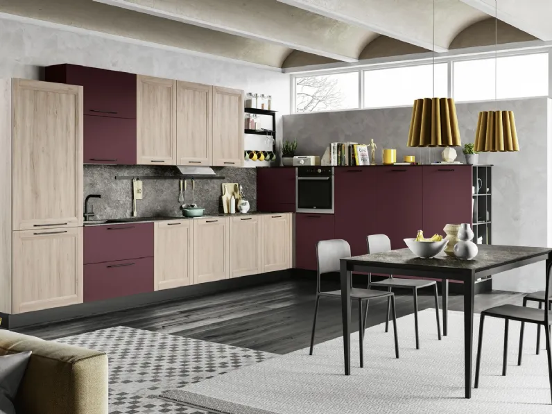 Cucina Moderna Smart angolare finitura Betulla e Rosso di Creo