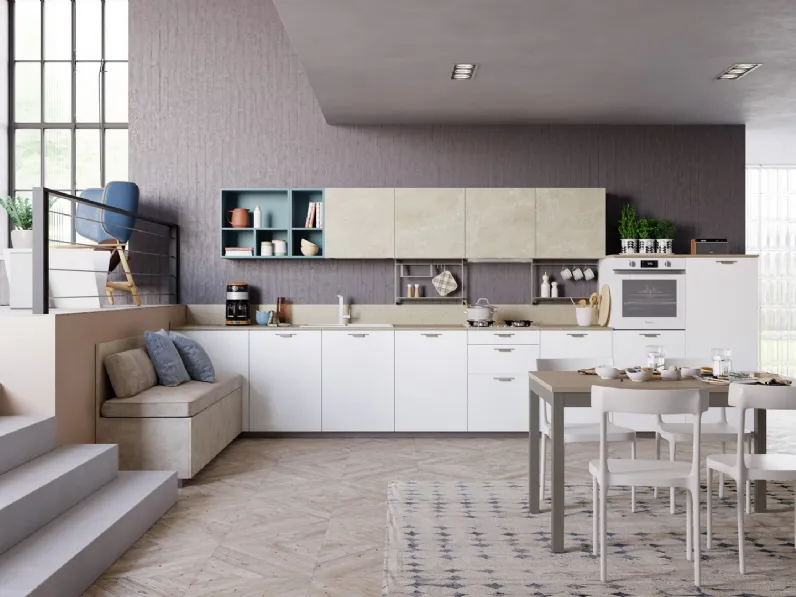 Cucina Moderna lineare Tablet Wood in Rovere Bianco e melaminico effetto marmo di Creo